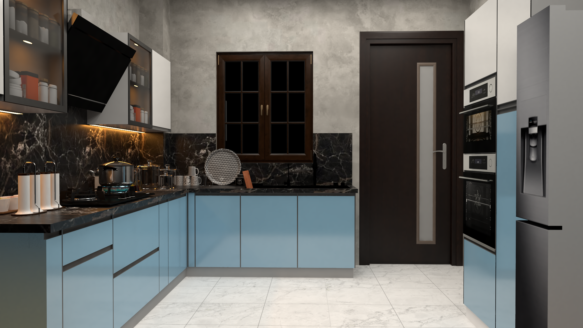 L Shaped Modular Kitchen (Blue)