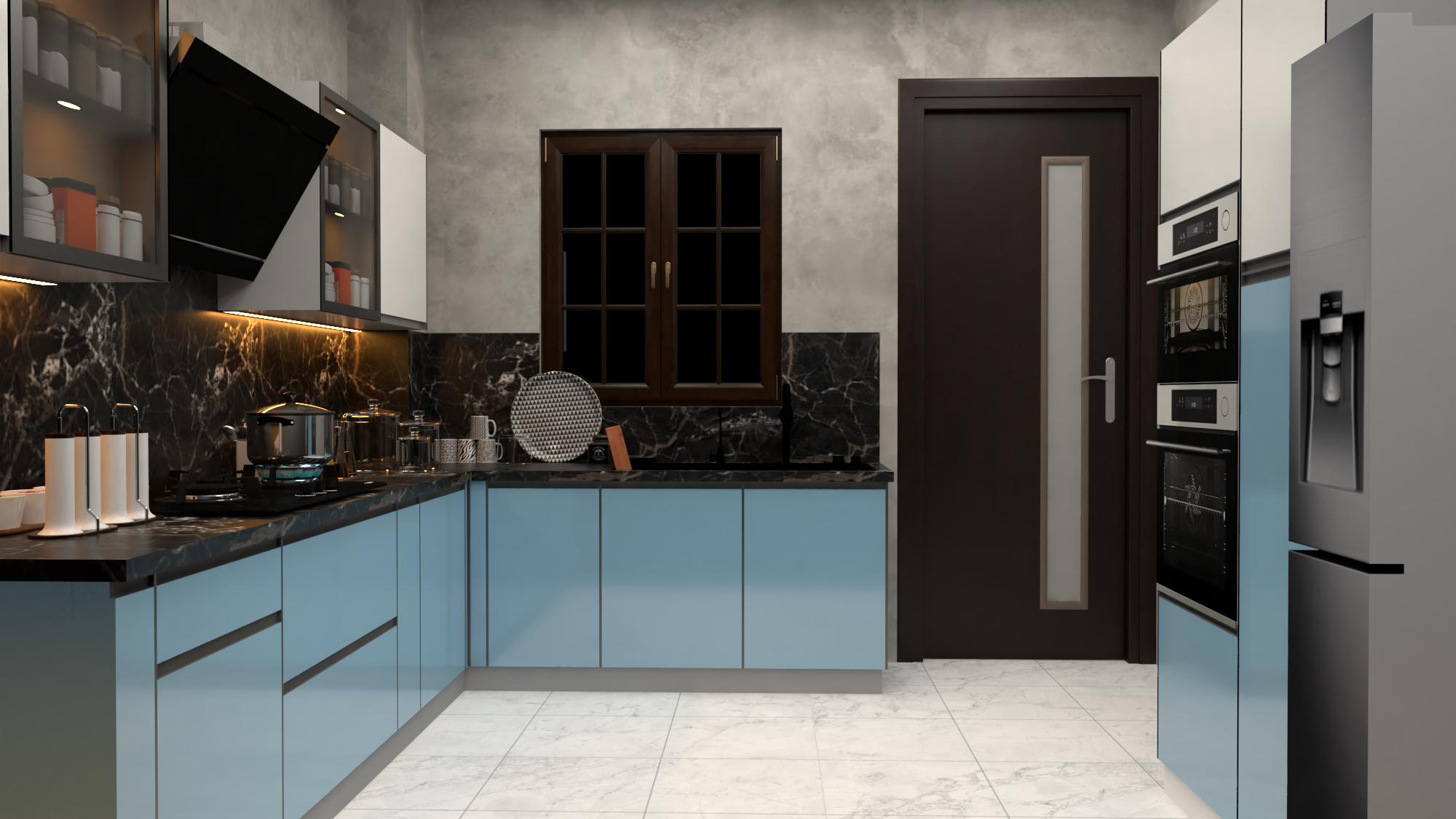 L Shaped Modular Kitchen (Blue) - Brand Name: Jindal Steel