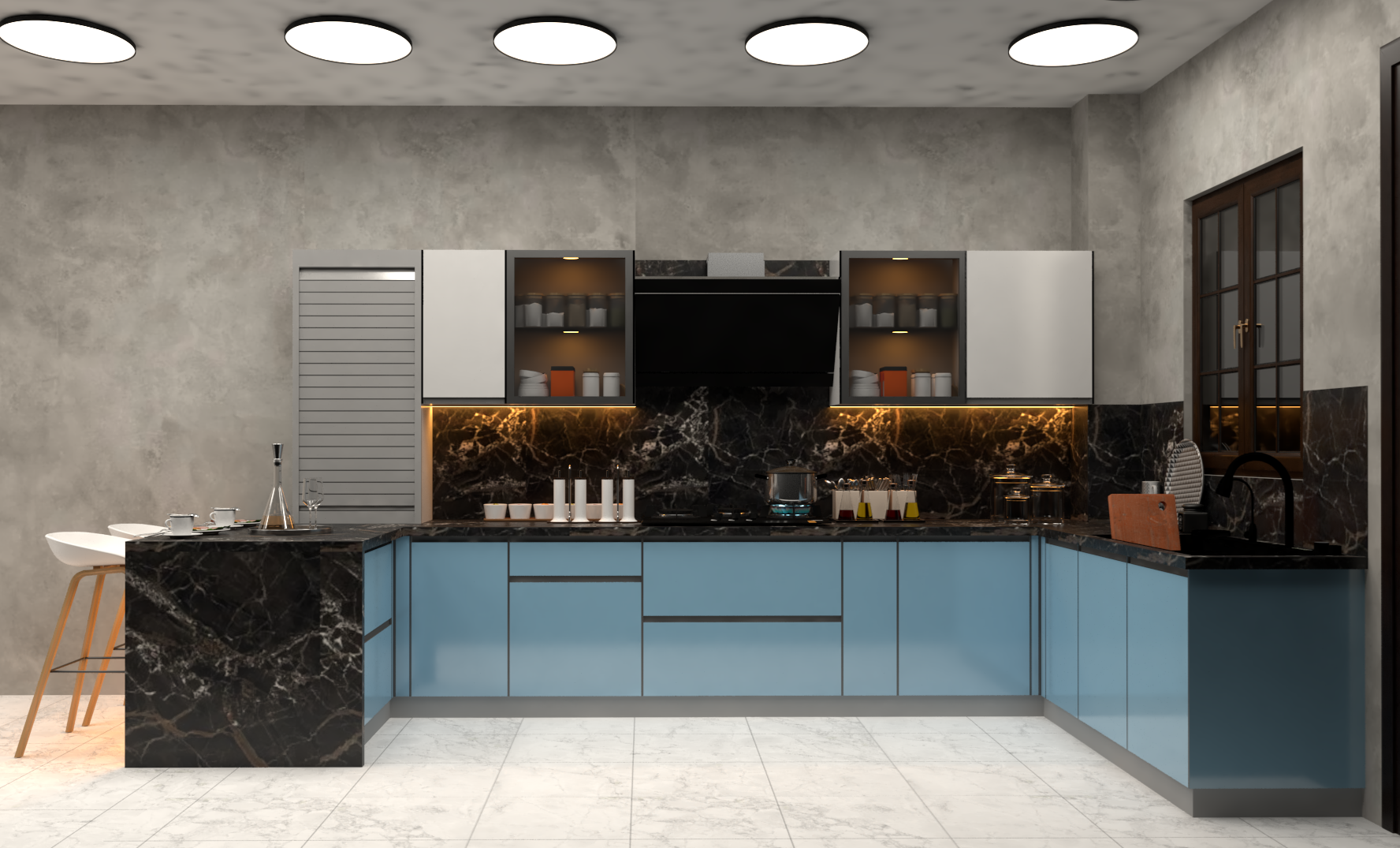 L Shaped Modular Kitchen (Blue)