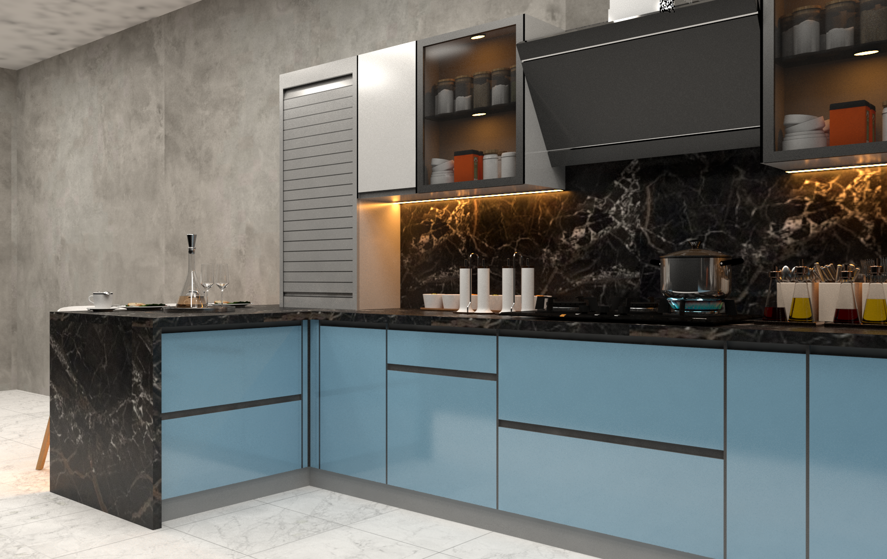 L Shaped Modular Kitchen (Blue) - Brand Name: Jindal Steel