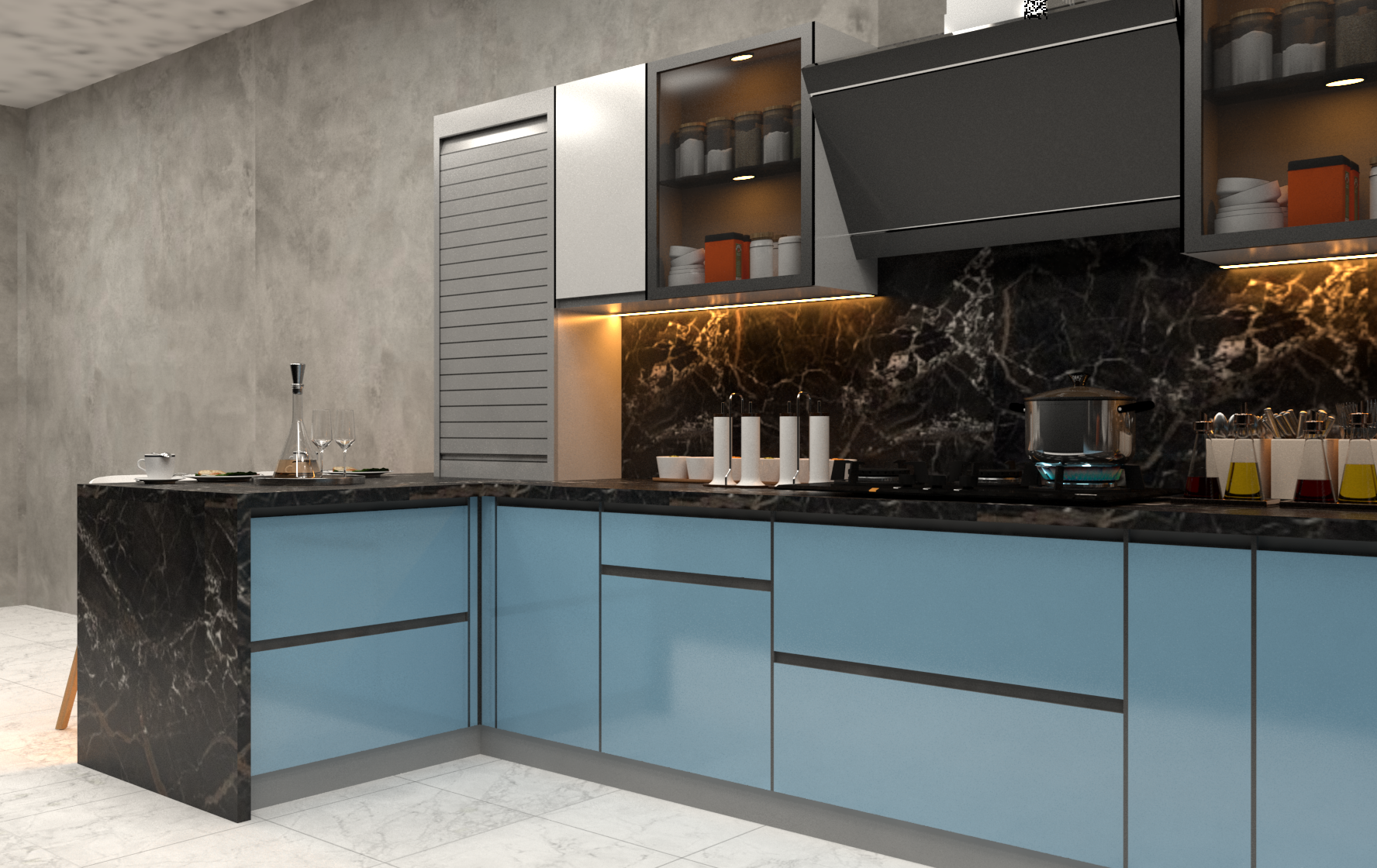 L Shaped Modular Kitchen (Blue)