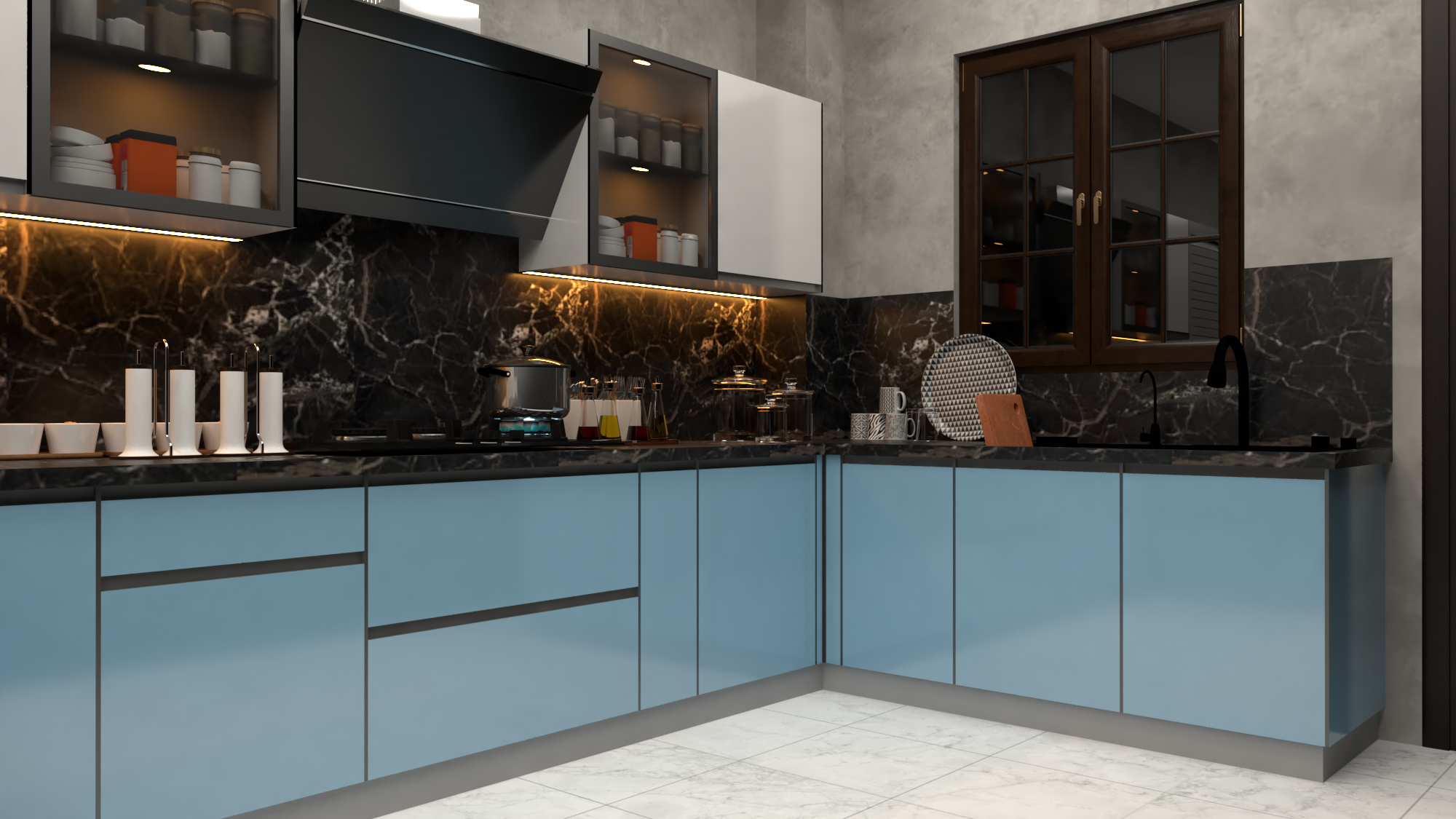 L Shaped Modular Kitchen (Blue)