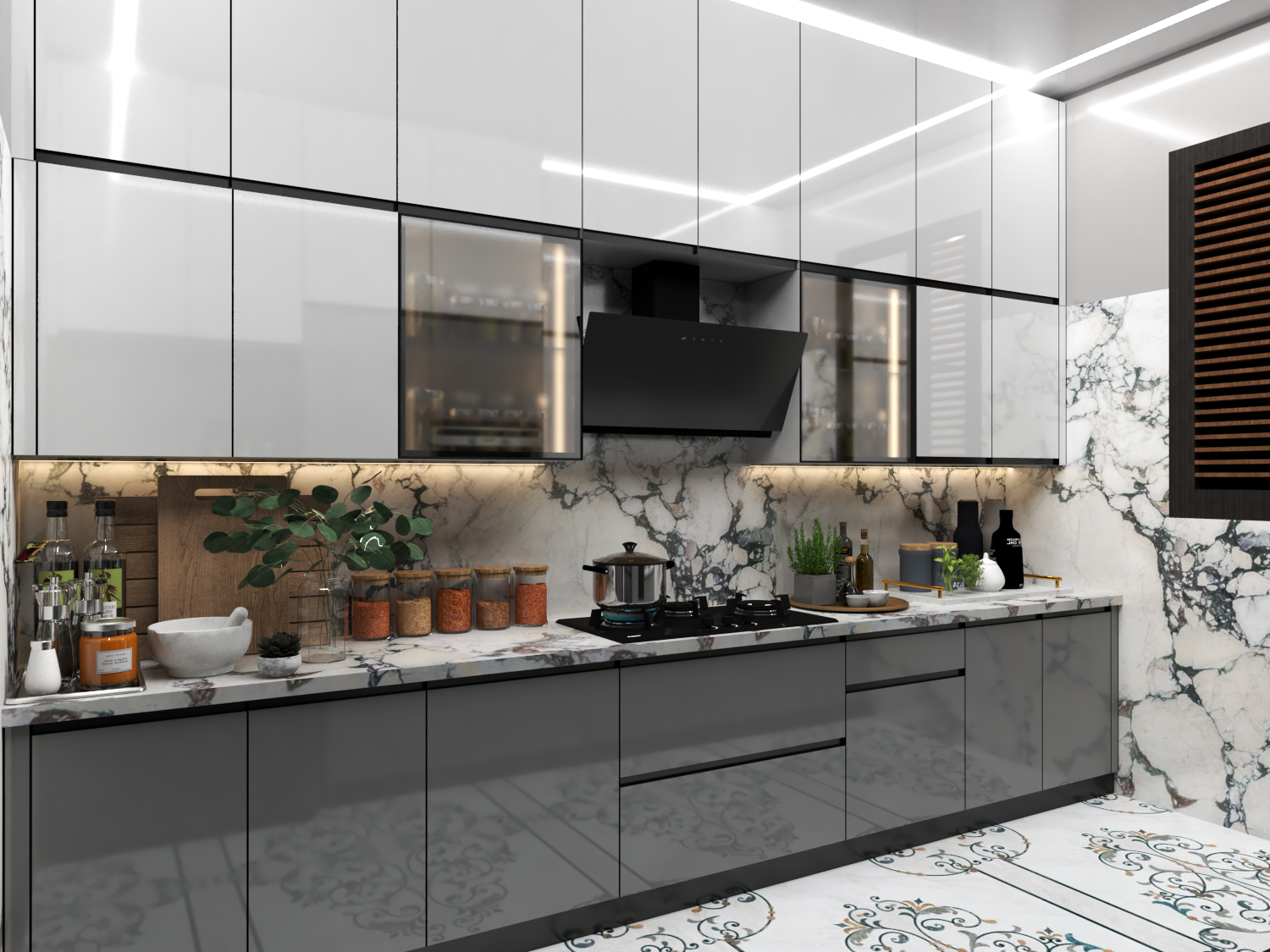 Parallel Modular Kitchen (White/grey) - Brand Name: Jindal Steel