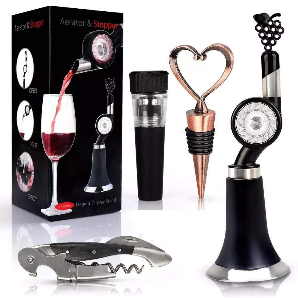 CHERRYBOX On Da House Aerator & Stopper Set | with Pourer & Opener | Wheel Turning Pourer | Accessories Gift Set (Black & Silver)