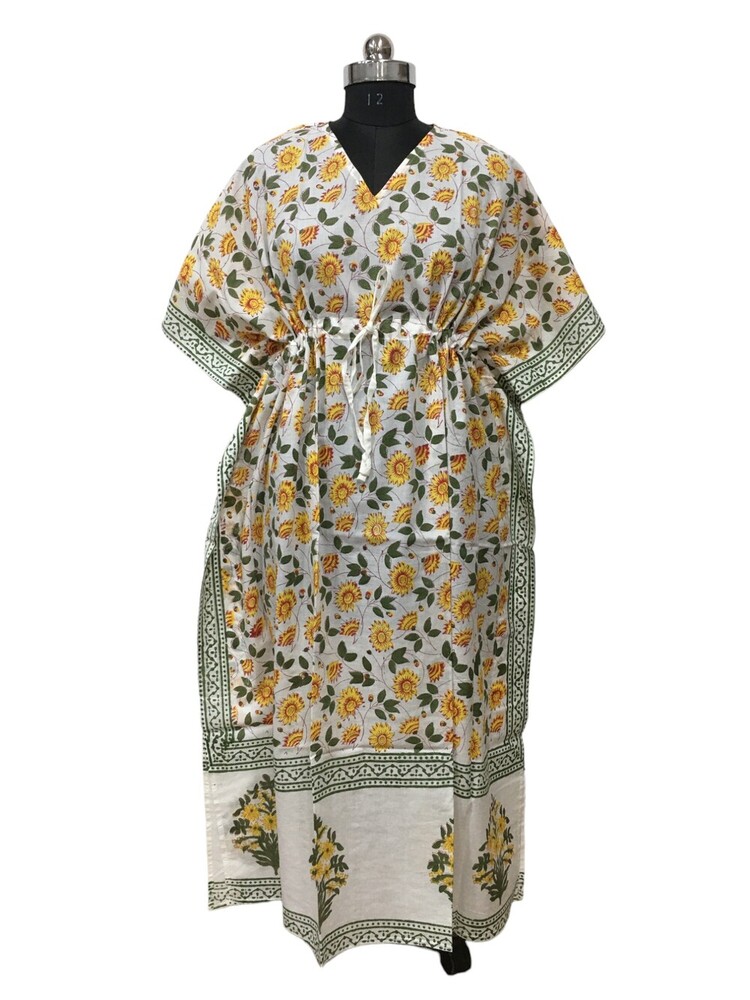 Cotton Hand Block Printed Kaftan - Knee Length, White and Yellow Color | Breathable, Washable, Customized Size for Women