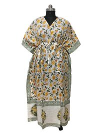 Cotton Hand Block Printed Kaftan - Knee Length, White And Yellow Color | Breathable, Washable, Customized Size For Women