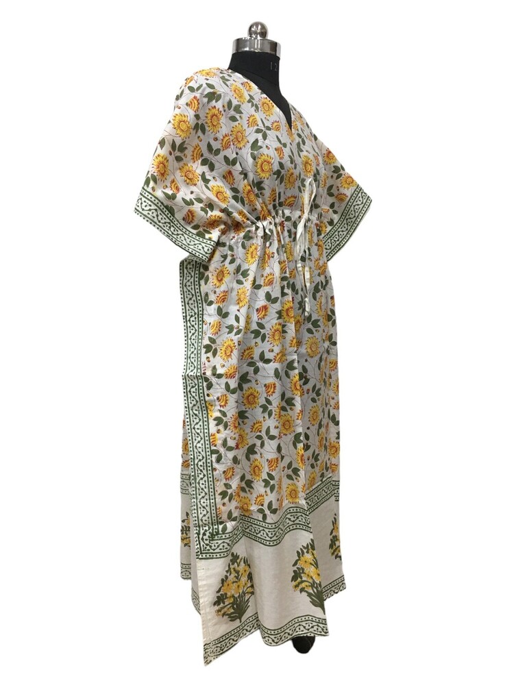 Cotton Hand Block Printed Kaftan - Knee Length, White And Yellow Color | Breathable, Washable, Customized Size For Women