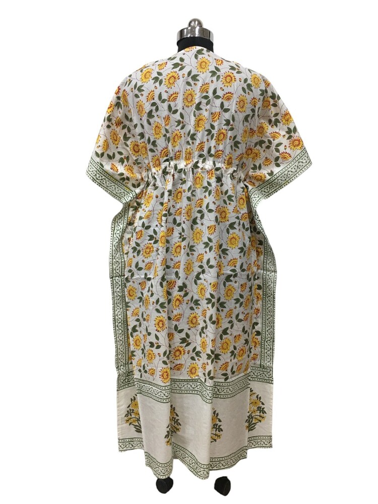 Cotton Hand Block Printed Kaftan - Knee Length, White And Yellow Color | Breathable, Washable, Customized Size For Women