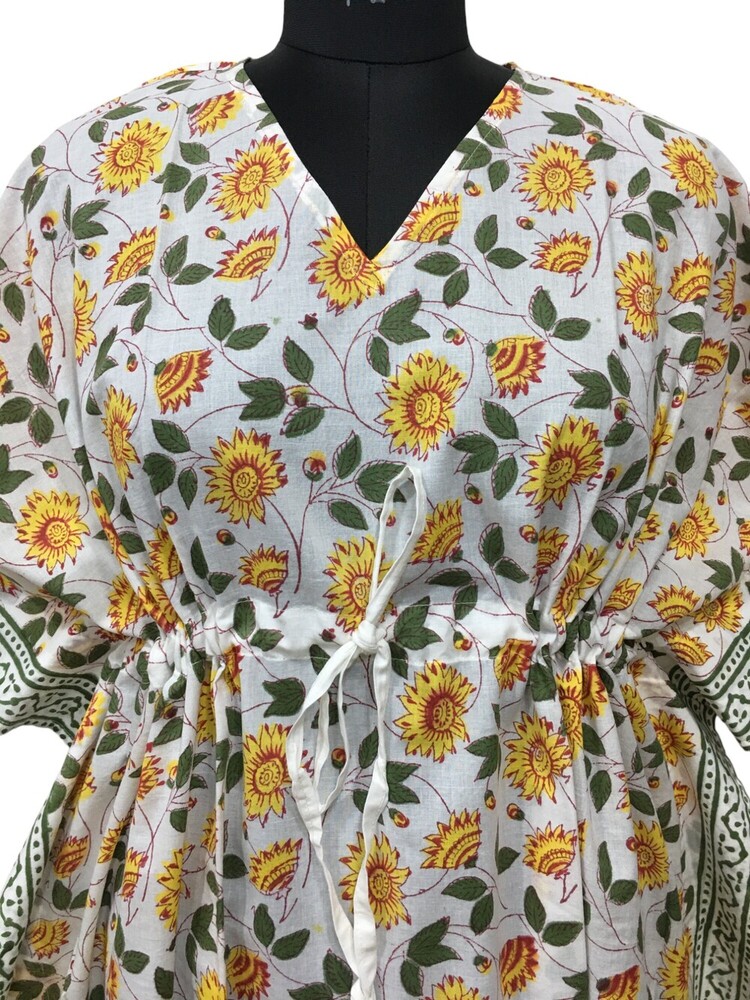 Cotton Hand Block Printed Kaftan - Knee Length, White And Yellow Color | Breathable, Washable, Customized Size For Women
