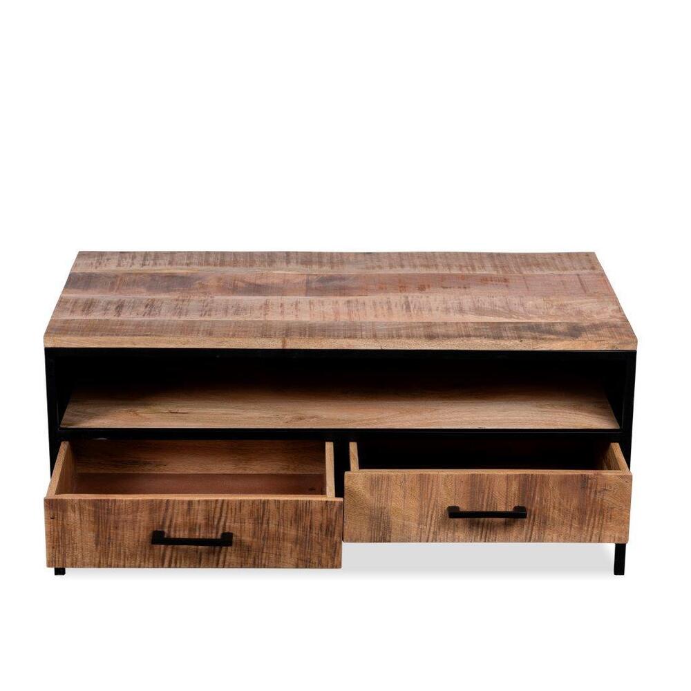 Wooden Coffee Table - Mango Wood & Iron, Natural Finish, No Assembly Required, Handmade European Style For Living Room