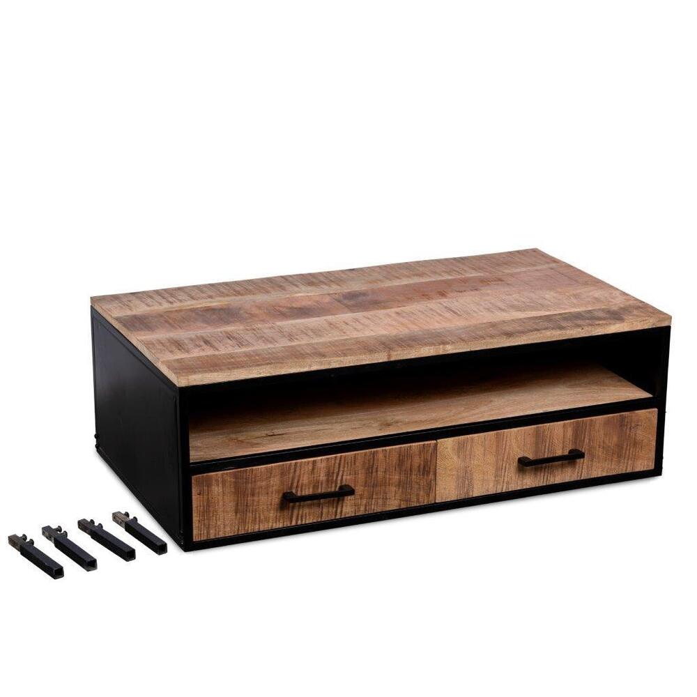 Wooden Coffee Table - Mango Wood & Iron, Natural Finish, No Assembly Required, Handmade European Style For Living Room