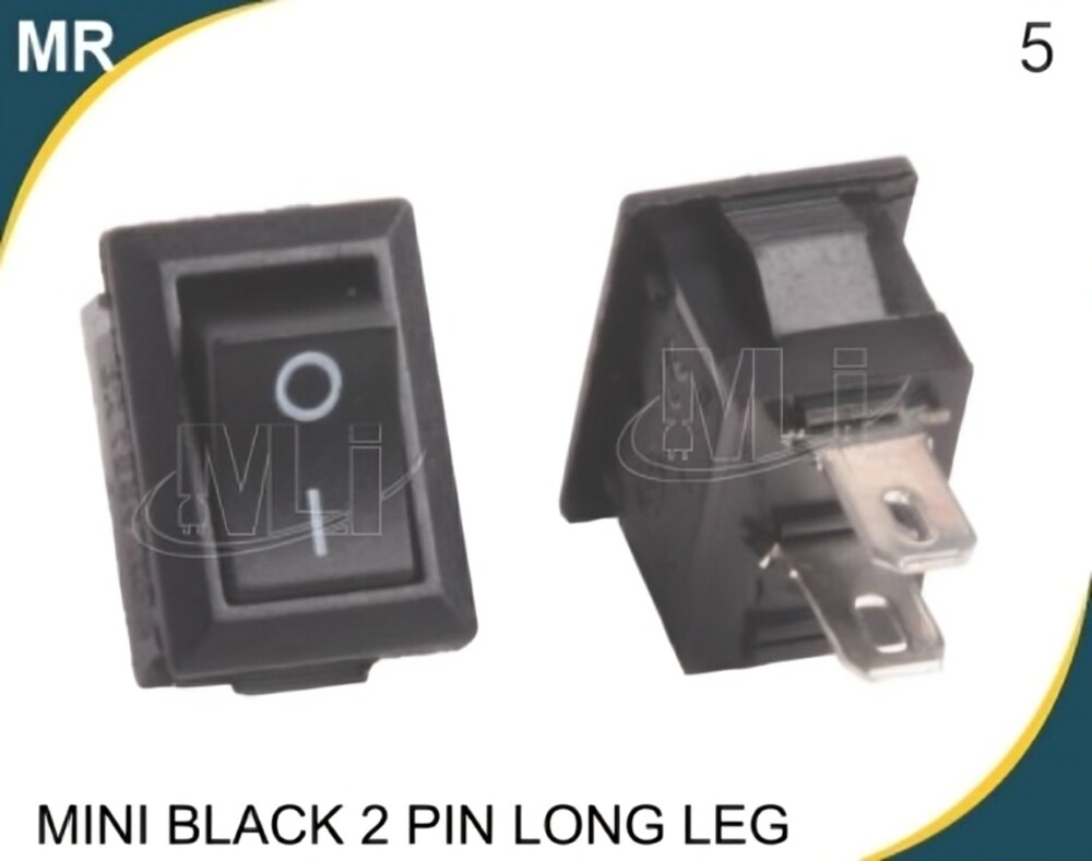 MINI ROCKER SWITCH  BLACK 2 PIN LONG LEG