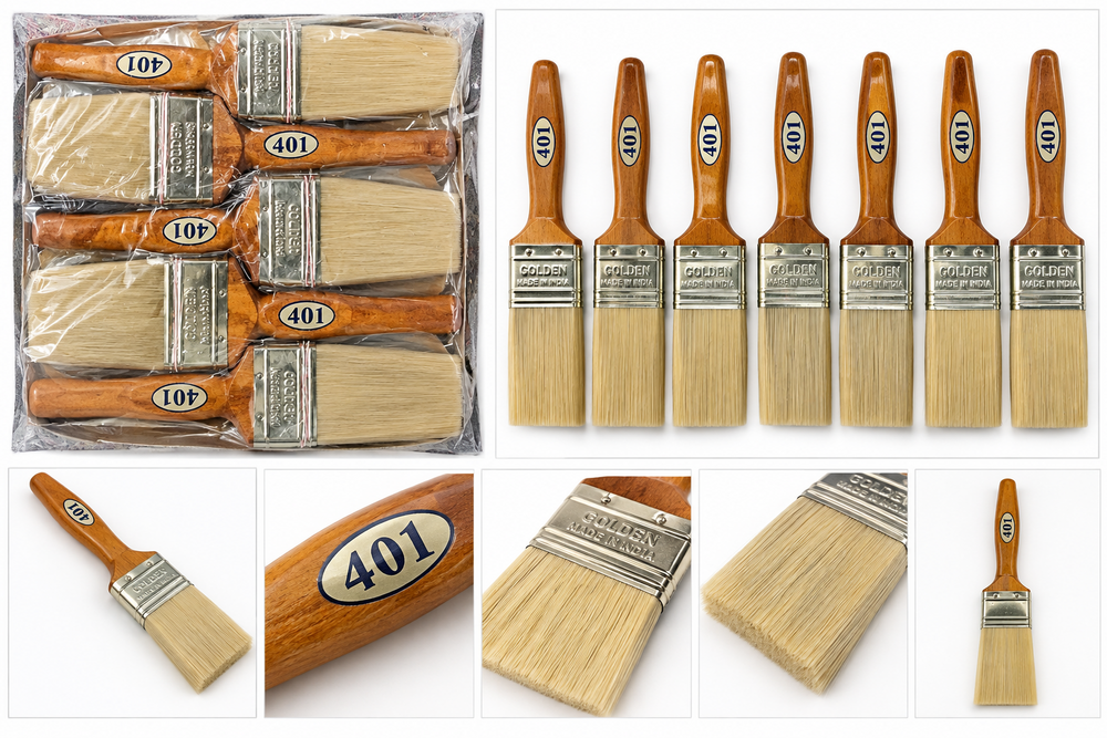 Golden 401 Painting Brush - Multisize, Off-White with Sturdy Brown Handle | Ideal for Oil, Acrylic, and Watercolor Crafts