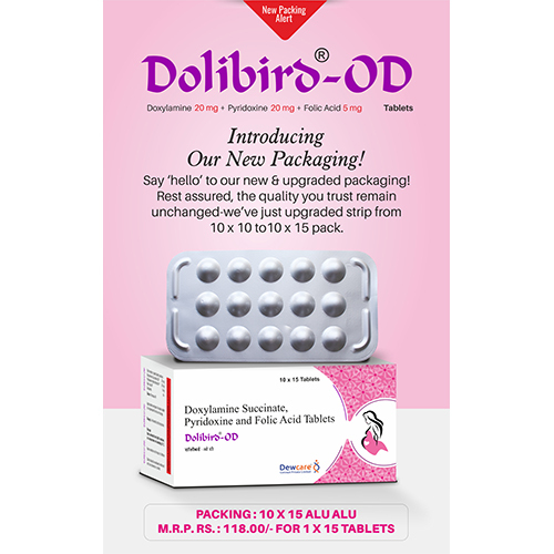 DOLIBIRD-OD Tablets - Doxylamine 20mg + Pyridoxine 20mg + Folic 5mg | Ideal for Women's Health Easy to Consume Safe for All Ages Store in Cool & Dry Place