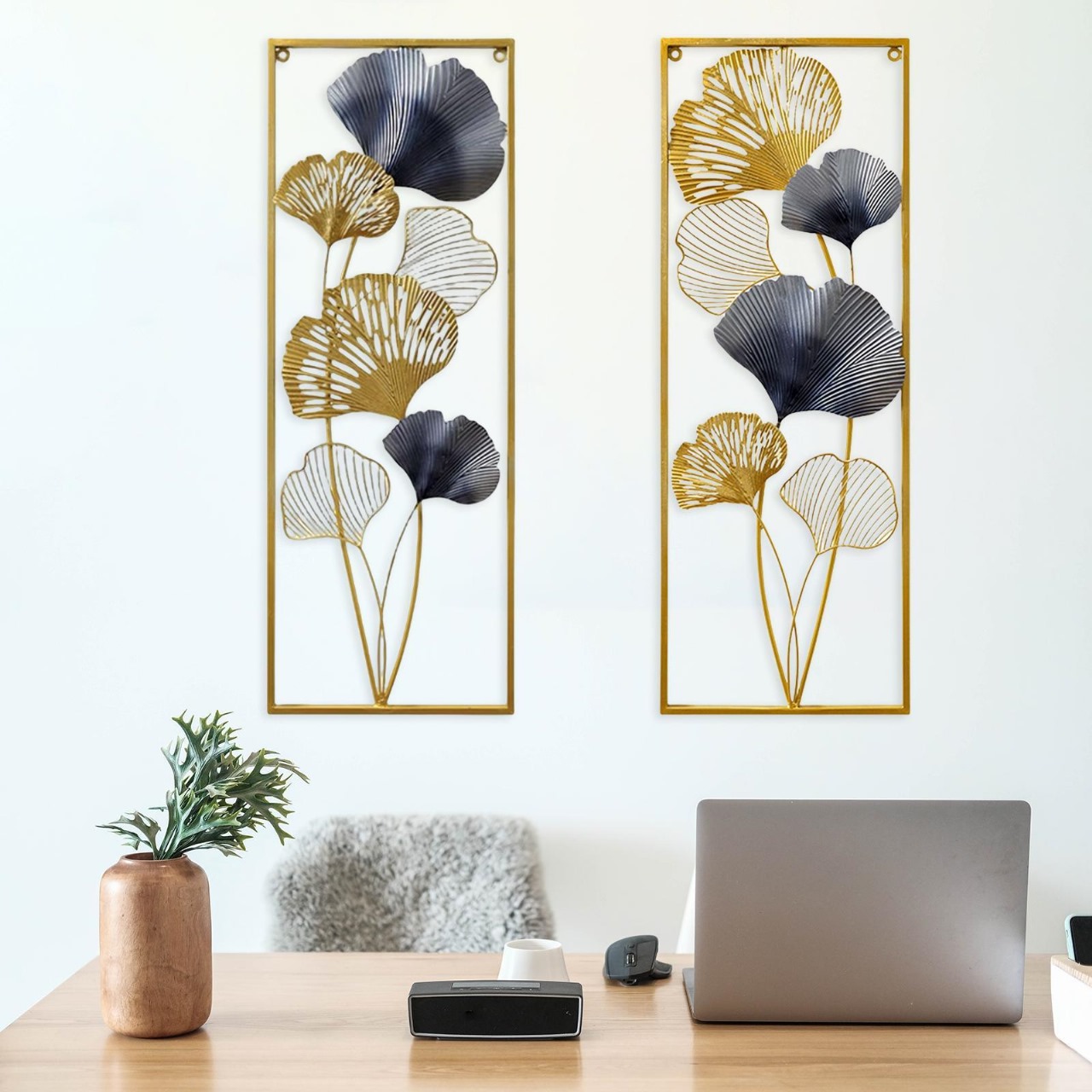 Metal Wall Art Decor, Gold and Navy Blue Set of 2