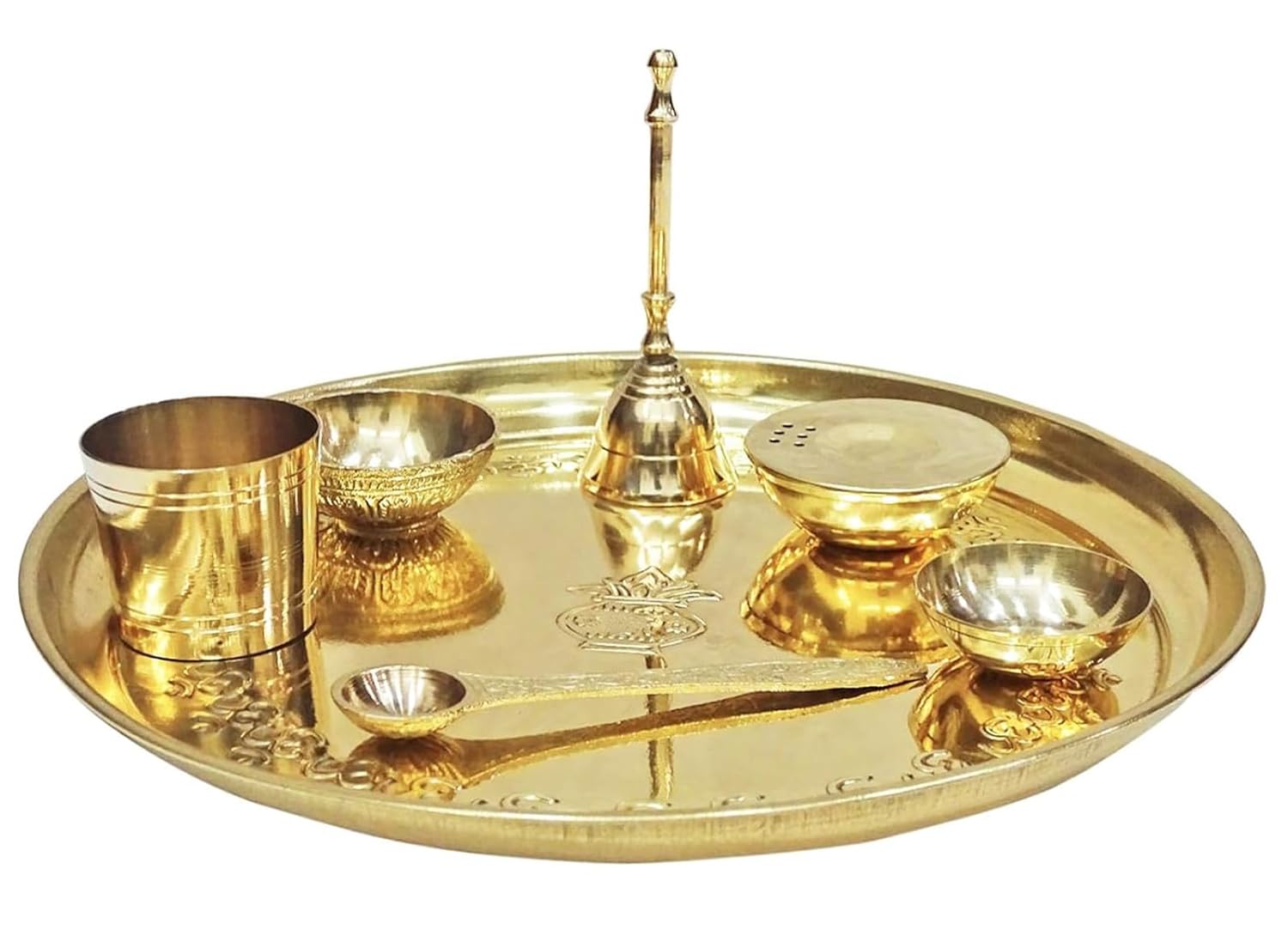 Brass Pooja Thali Set - 8-inch Handcrafted Metal Plate, Gold Polished Finish, Complete With Kuber Diya, Ghanti, Kalash, Spoon, Bowl, And Agarbatti Stand For Diwali And Festive Occasions