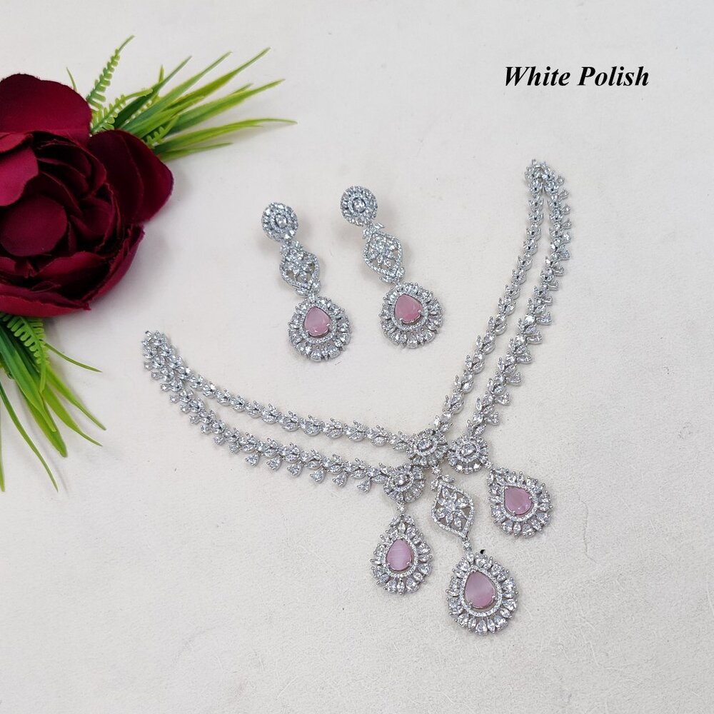 American Diamond Necklace With Colorful Glassstone - Gender: Women