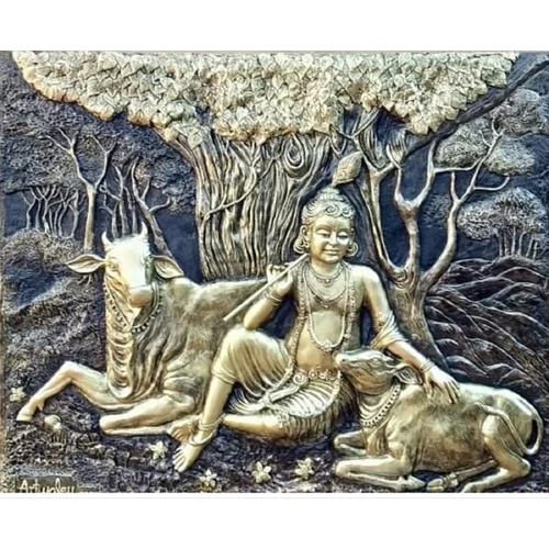 गाय के साथ कृष्णा फाइबर वॉल म्यूरल