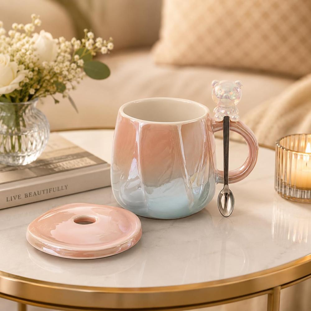 CherryBox Ceramic Coffee Mug with Lid Office Cup - 450 ml | Round Shape Pink Printed Design Standard Size Pack of 12 Pieces