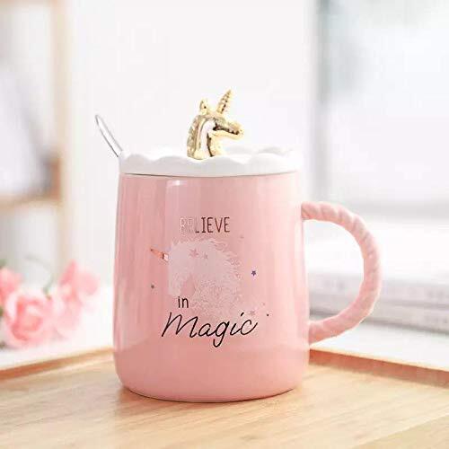 Cherrybox Kapo Unicorn Ceramic Mug With Cute Golden 3D Unicorn Lid & Spoon For Kids Adults Office School Gift (450 Ml) - Color: Multi Color