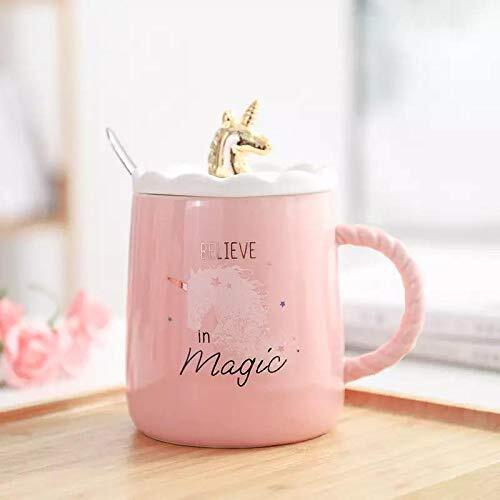 CHERRYBOX KAPO Unicorn Ceramic Mug with Cute Golden 3D Unicorn Lid & Spoon for Kids Adults Office School Gift (450 ml)