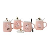 CHERRYBOX KAPO Unicorn Ceramic Mug with Cute Golden 3D Unicorn Lid & Spoon for Kids Adults Office School Gift (450 ml)