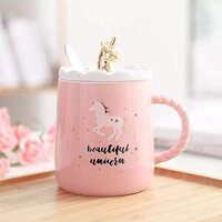 CHERRYBOX KAPO Unicorn Ceramic Mug with Cute Golden 3D Unicorn Lid & Spoon for Kids Adults Office School Gift (450 ml)