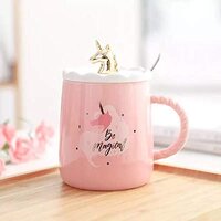 CHERRYBOX KAPO Unicorn Ceramic Mug with Cute Golden 3D Unicorn Lid & Spoon for Kids Adults Office School Gift (450 ml)