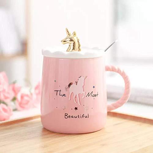 CHERRYBOX KAPO Unicorn Ceramic Mug with Cute Golden 3D Unicorn Lid & Spoon for Kids Adults Office School Gift (450 ml)