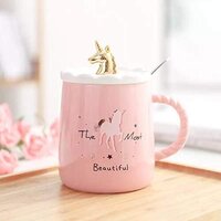 CHERRYBOX KAPO Unicorn Ceramic Mug with Cute Golden 3D Unicorn Lid & Spoon for Kids Adults Office School Gift (450 ml)