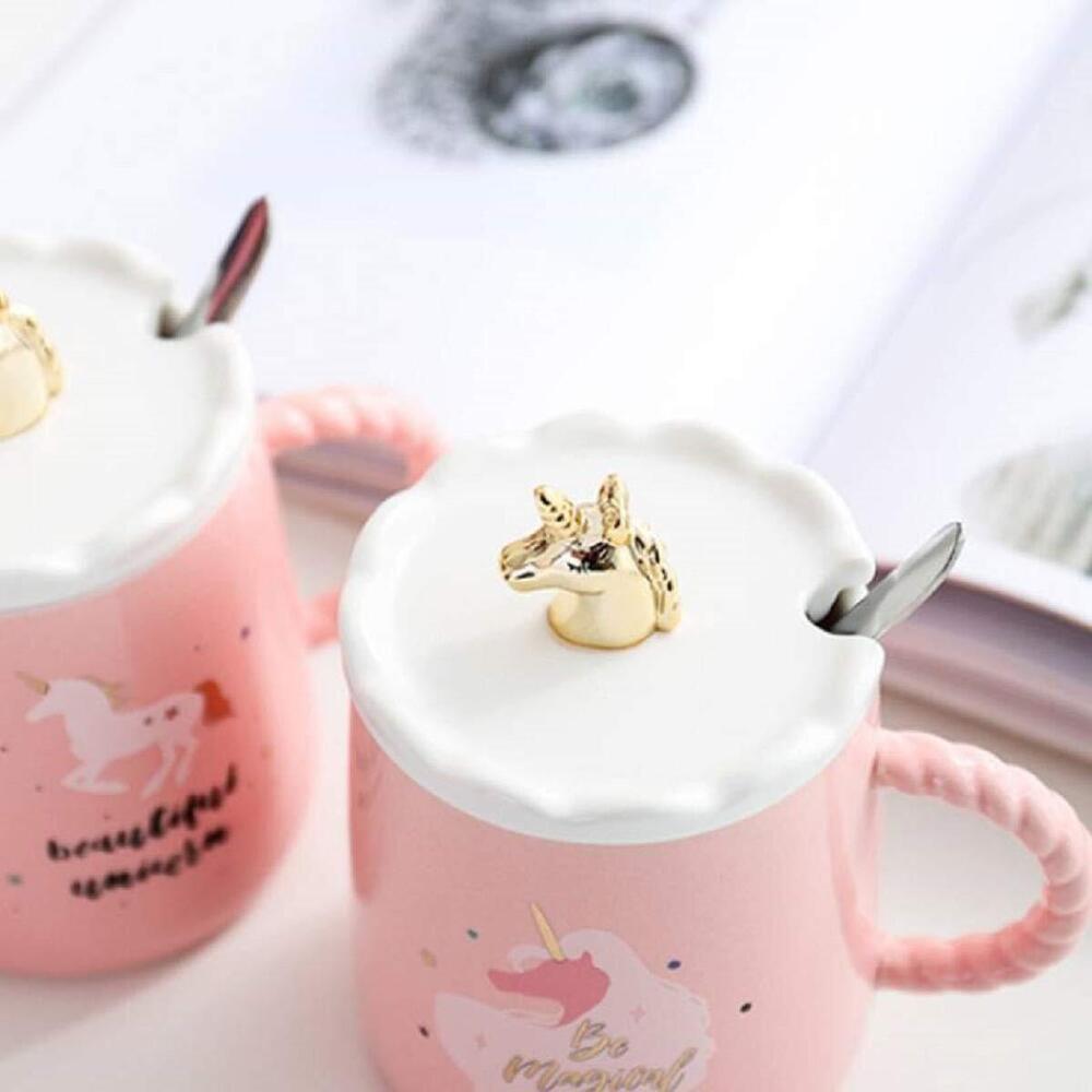 Cherrybox Kapo Unicorn Ceramic Mug With Cute Golden 3d Unicorn Lid & Spoon  For Kids Adults
