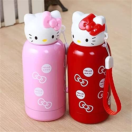 Cherrybox Cute Kitty Flask Bottle Vacuum Flask - 3D Cap Design - 280 Ml - Stainless Steel Kids & Adults - Color: Red