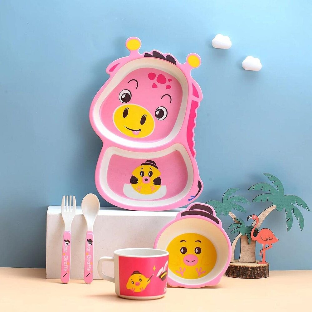 Cherrybox Dinnerware Plate Set For Kids - Cartoon Design Crockery Set - Bamboo Fiber Eco Friendly (Dear Giraffe - 5 Pc Set) - Color: Pink