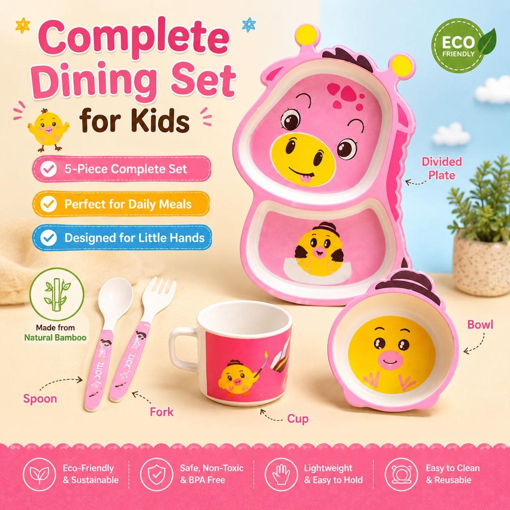 CherryBox Dinnerware Plate Set for Kids - Bamboo Fiber Eco Friendly, Cartoon Design in Pink with Different Shapes (Dear Giraffe - 5 Pc Set)