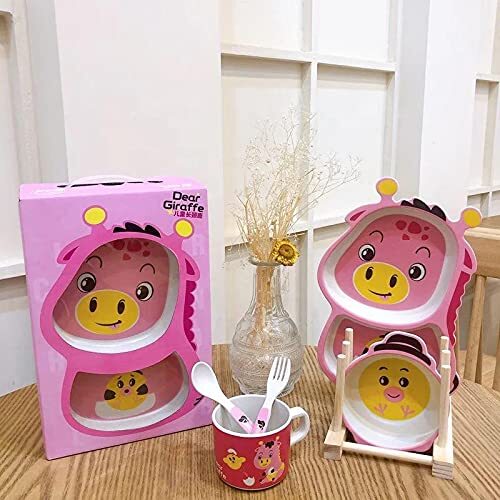 CherryBox Dinnerware Plate Set for Kids - Cartoon Design Crockery Set - Bamboo Fiber Eco Friendly (Dear Giraffe - 5 Pc Set)