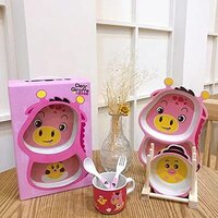 CherryBox Dinnerware Plate Set for Kids - Cartoon Design Crockery Set - Bamboo Fiber Eco Friendly (Dear Giraffe - 5 Pc Set)