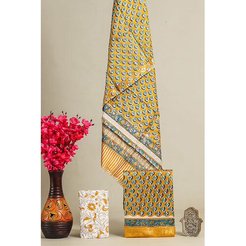 Hand block printed Maheswari silk suits Yellow