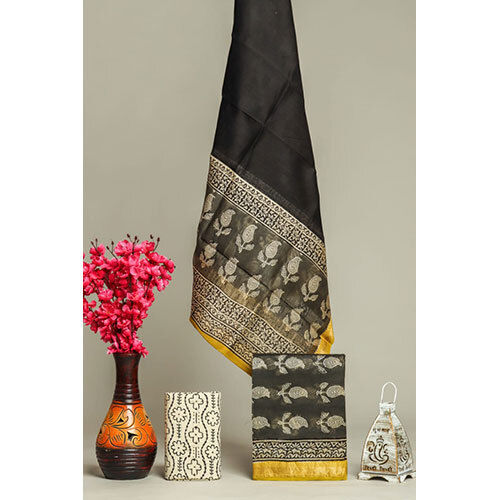 Hand Block Printed Maheswari Silk Suits Black - Ethnic Region: Indian