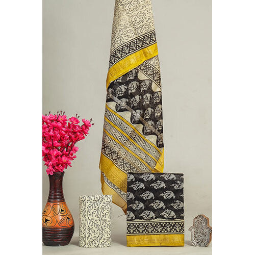 Hand Block Printed Maheswari Silk Suits Black And Yellow - Ethnic Region: Indian