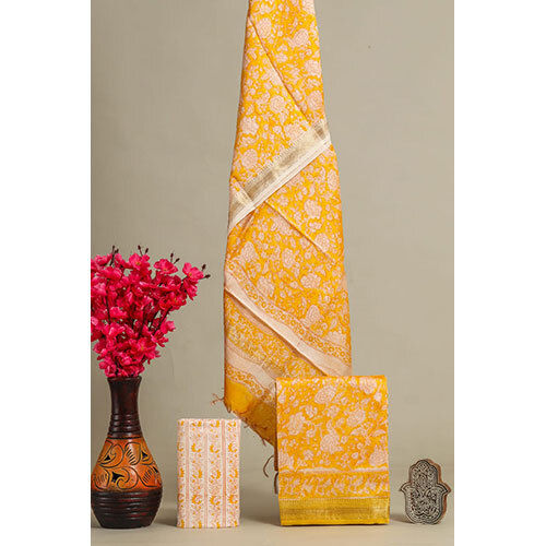 Flower Printed Maheswari Silk Suits Yellow - Design: Floral