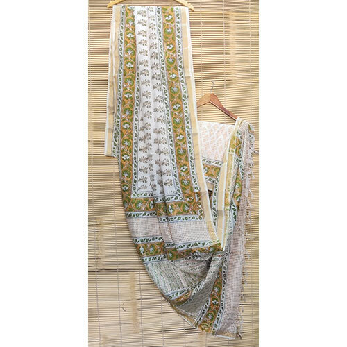 Block printed linen sarees White and Yellow