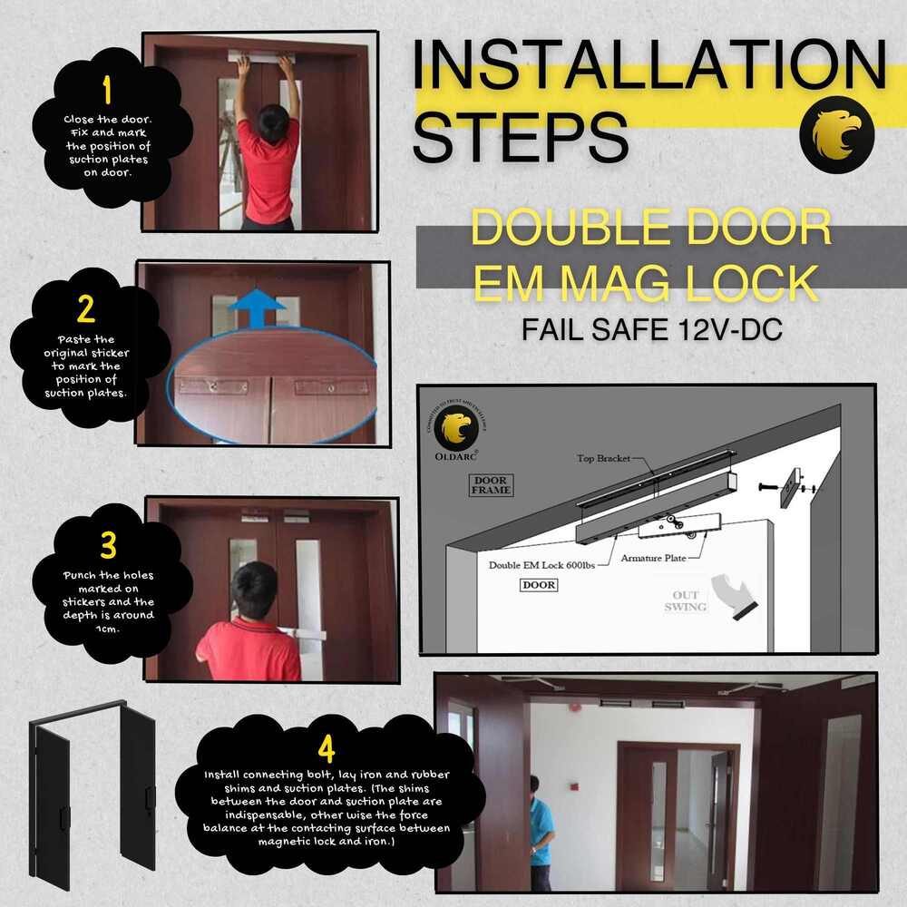 Oldarc Double Door Em Lock - Stainless Steel, 500x48.5x26.5mm | High Security, 280kgx2 Magnetic Force, Versatile For All Door Types
