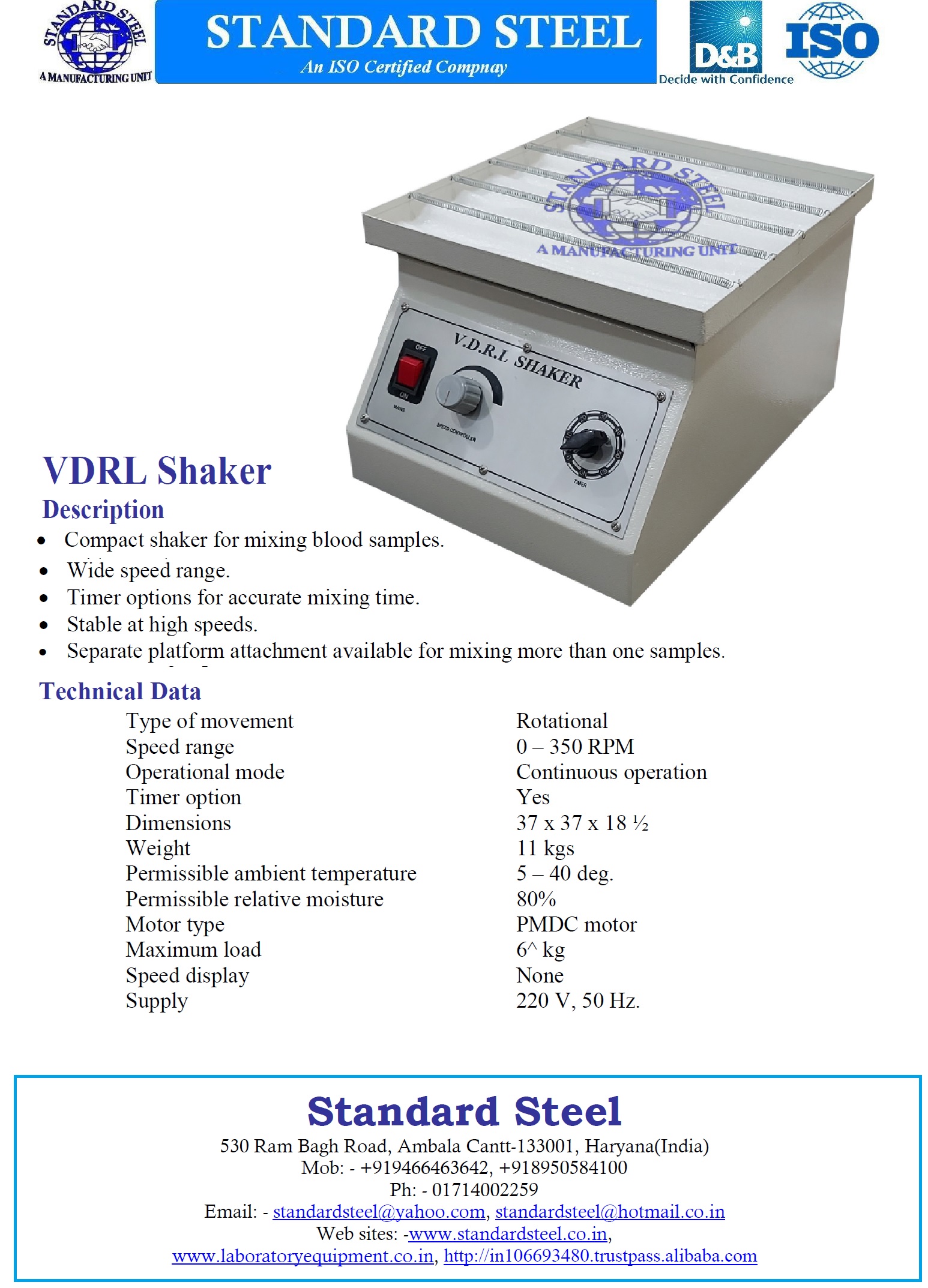 Vdrl Flask Rotator Shaker - 37x37x18 Cm Dimensions, 0-350 Rpm Speed Range | Timer Option, 1 Year Warranty