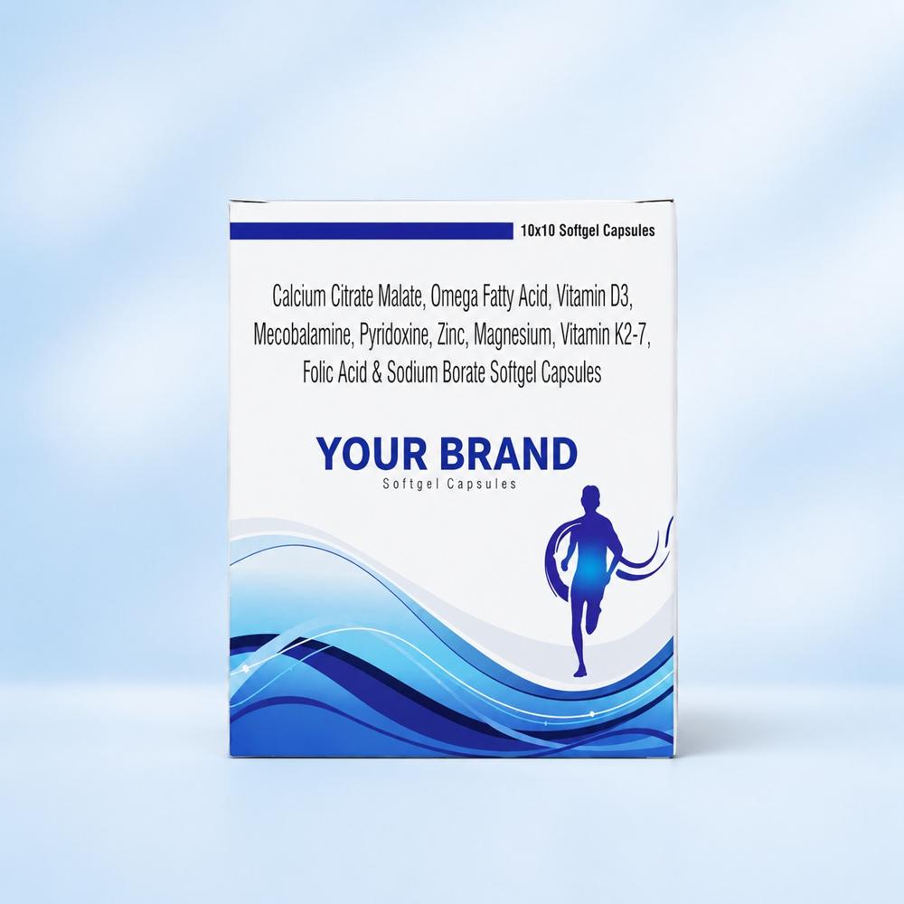 Calcium Citrate Malate, Omega Fatty Acid, Vitamin D3, Mecobalamin, Pyridoxine, Zinc, Magnesium, Vitamin K2-7, Folic Acid & Sodium Borate Softgel Capsules - Brand Name: Oem Private Label
