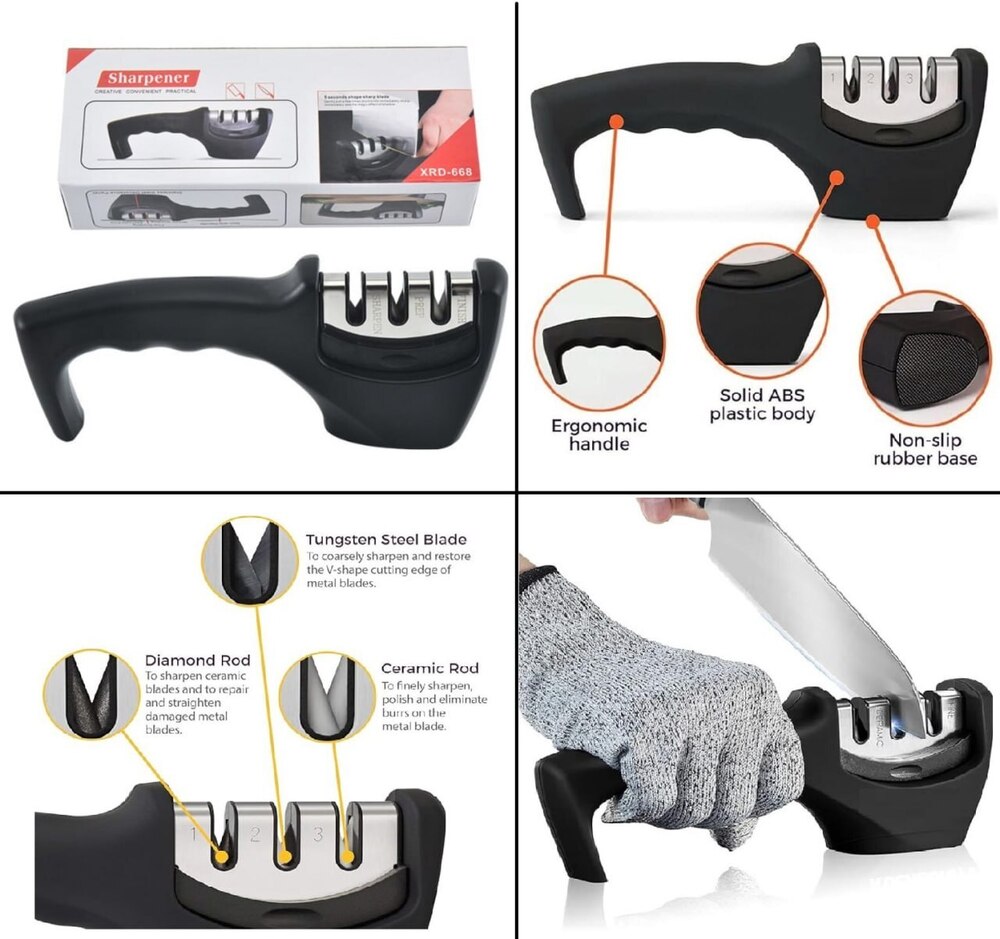 Knife Sharpener - 20x8x6 Cm | 3-step Ergonomic System With Cut-resistant Glove, Non-slip Base For Steel & Ceramic Knives