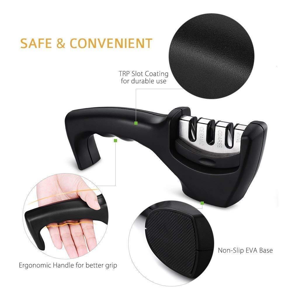 Knife Sharpener - 20x8x6 Cm | 3-step Ergonomic System With Cut-resistant Glove, Non-slip Base For Steel & Ceramic Knives