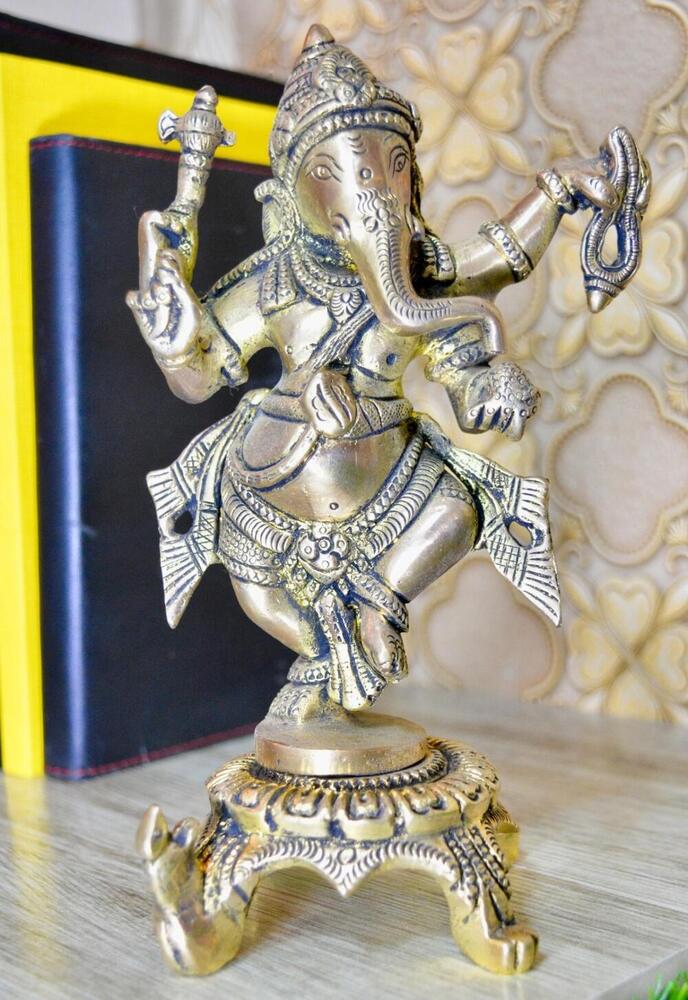 Brass Dancing Ganesh idol for worship and Showpiece 8 inch height by Aakrati