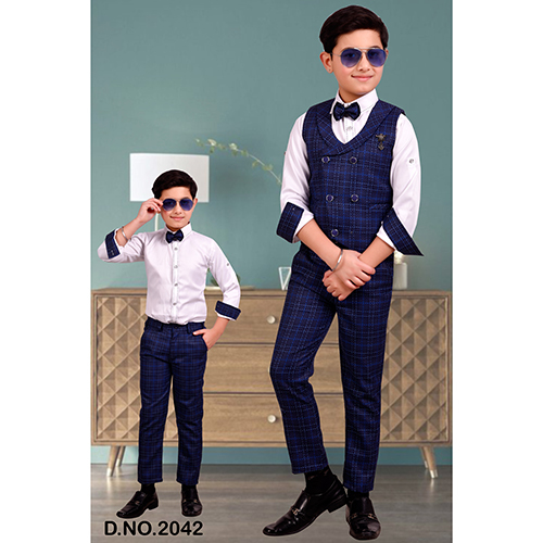 2049 Boys Printed Collar Coat Pant Suit - Color: Blue & White