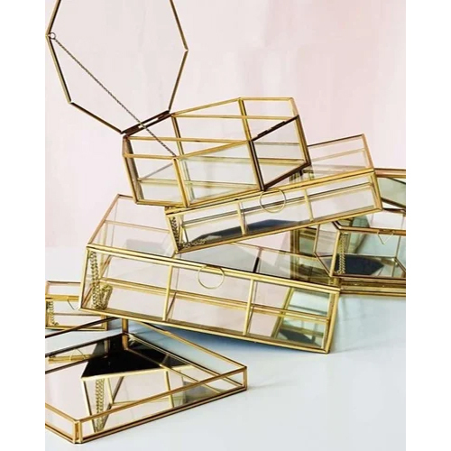 Metal Glass And Brass Box - Color: Golden