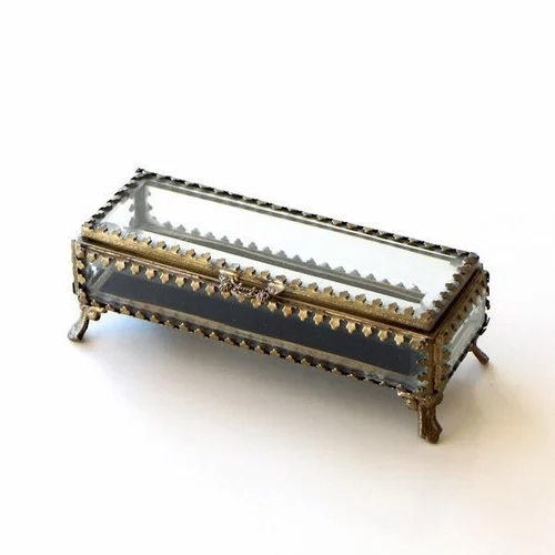Metal Bevel Glass Jewellery Box - Color: Golden